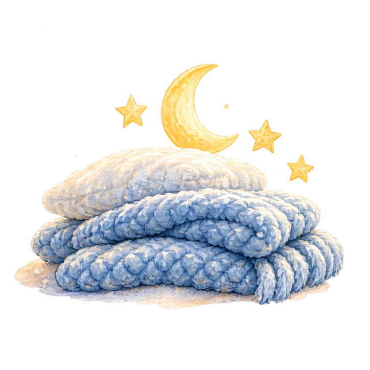 Soft blue blankets under a crescent moon and stars