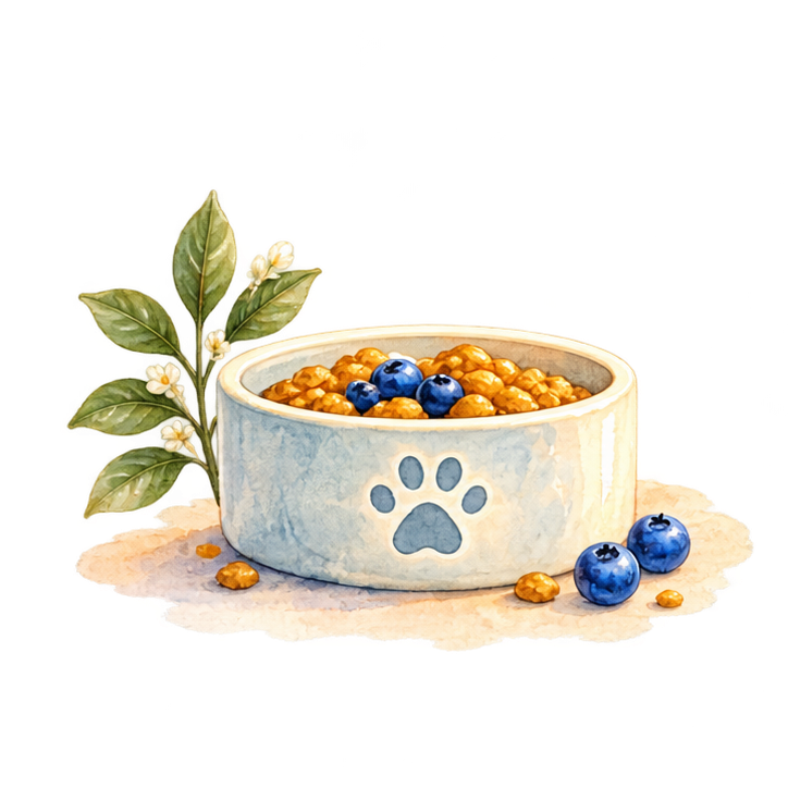 A warm breakfast bowl with berries and a paw emblem