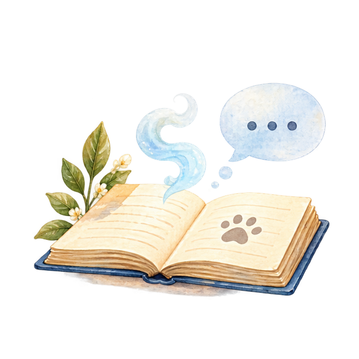 An open journal with a paw mark and a curious thought