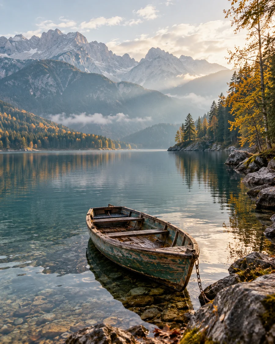 The alpine lake in autumn, with golden leaves and a rowing boat
