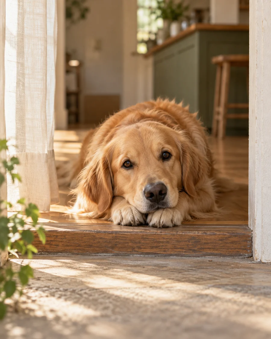 A golden retriever resting at a sunlit kitchen doorway