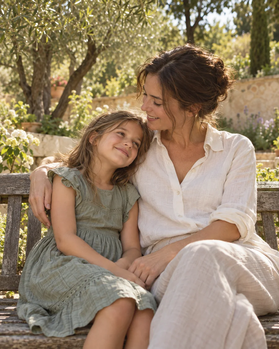 A mother and daughter sharing a quiet afternoon together in a sunlit garden