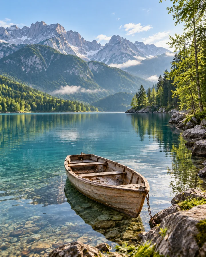 The same alpine lake in early summer, with green trees and a rowing boat
