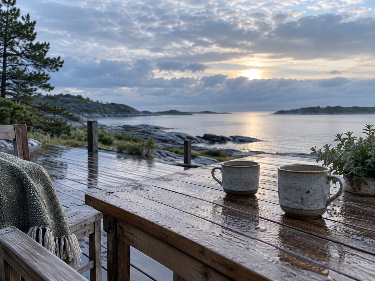 A quiet coastal table with two cups after rain at sunset