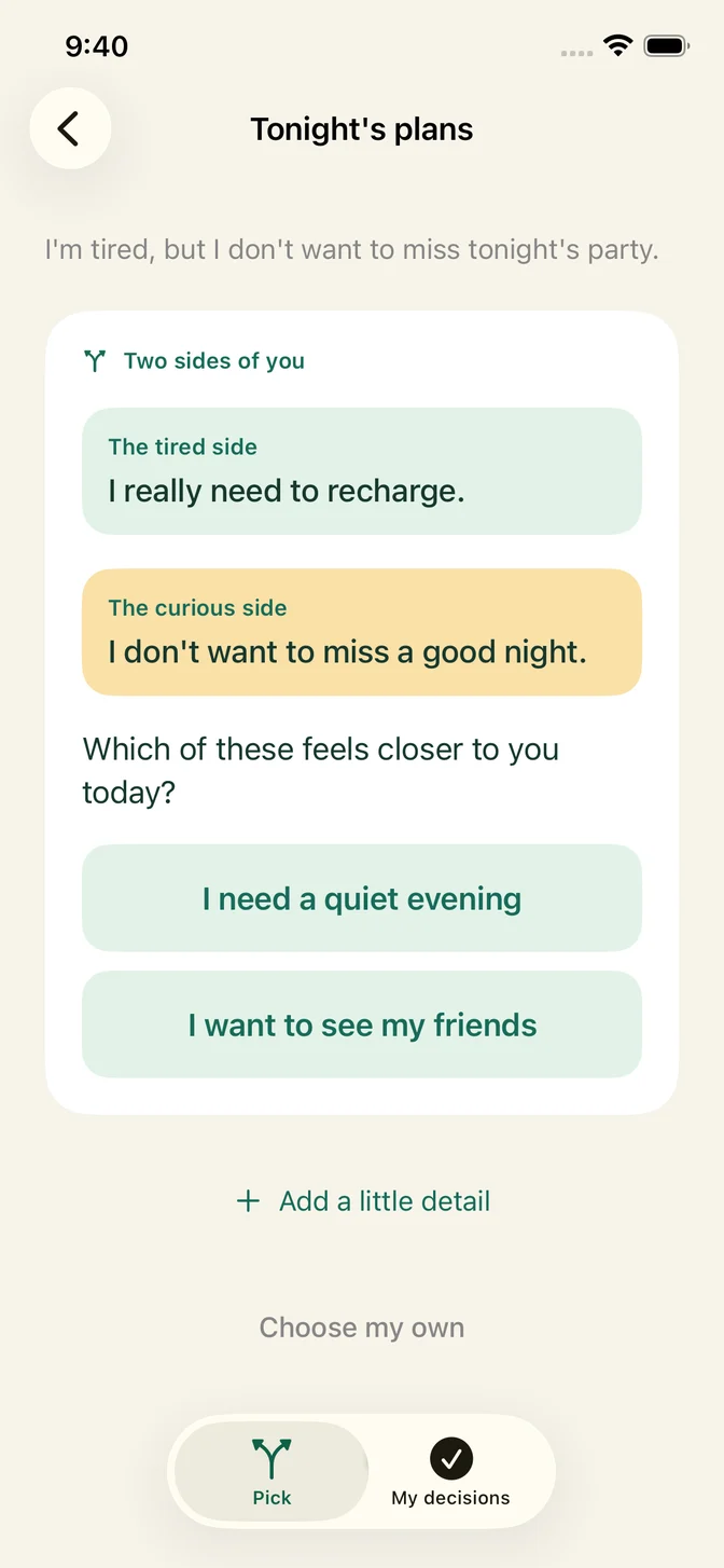 Pickkin’s iPhone screen presents two sides of tonight’s plans and two simple reactions, one card at a time.
