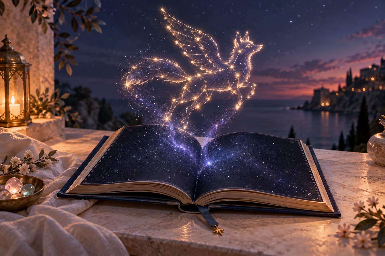 A golden constellation in the shape of a winged fox rising above an open celestial atlas
