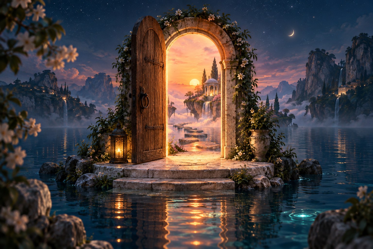 An open stone doorway revealing a sunlit floating garden across midnight-blue water