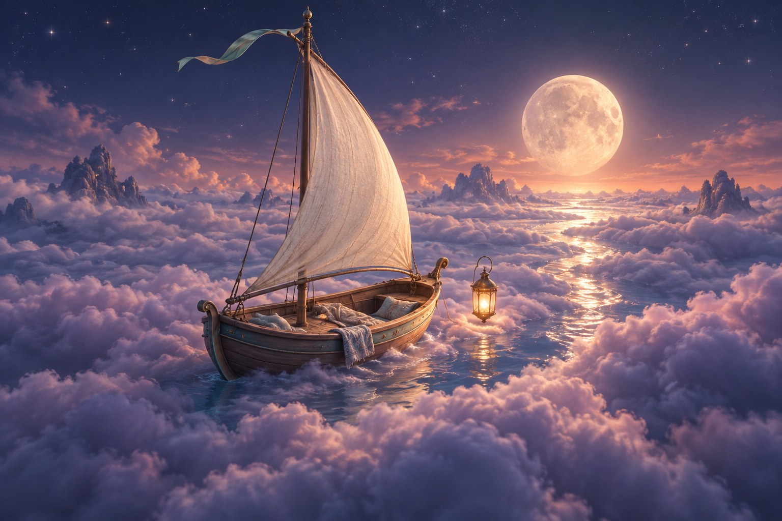 An ivory-sailed boat drifting through lavender clouds toward a luminous moon