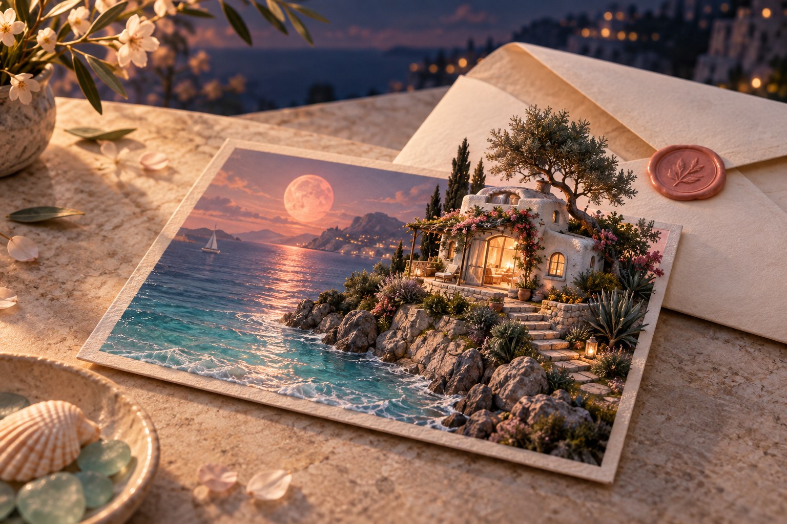 A tiny seaside home emerging from a picture postcard beside a cream envelope