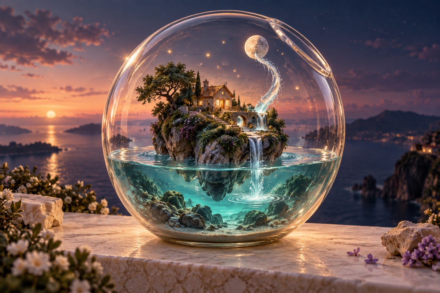 A miniature ocean world inside a glass sphere, with a warm-lit home and a waterfall rising toward the moon