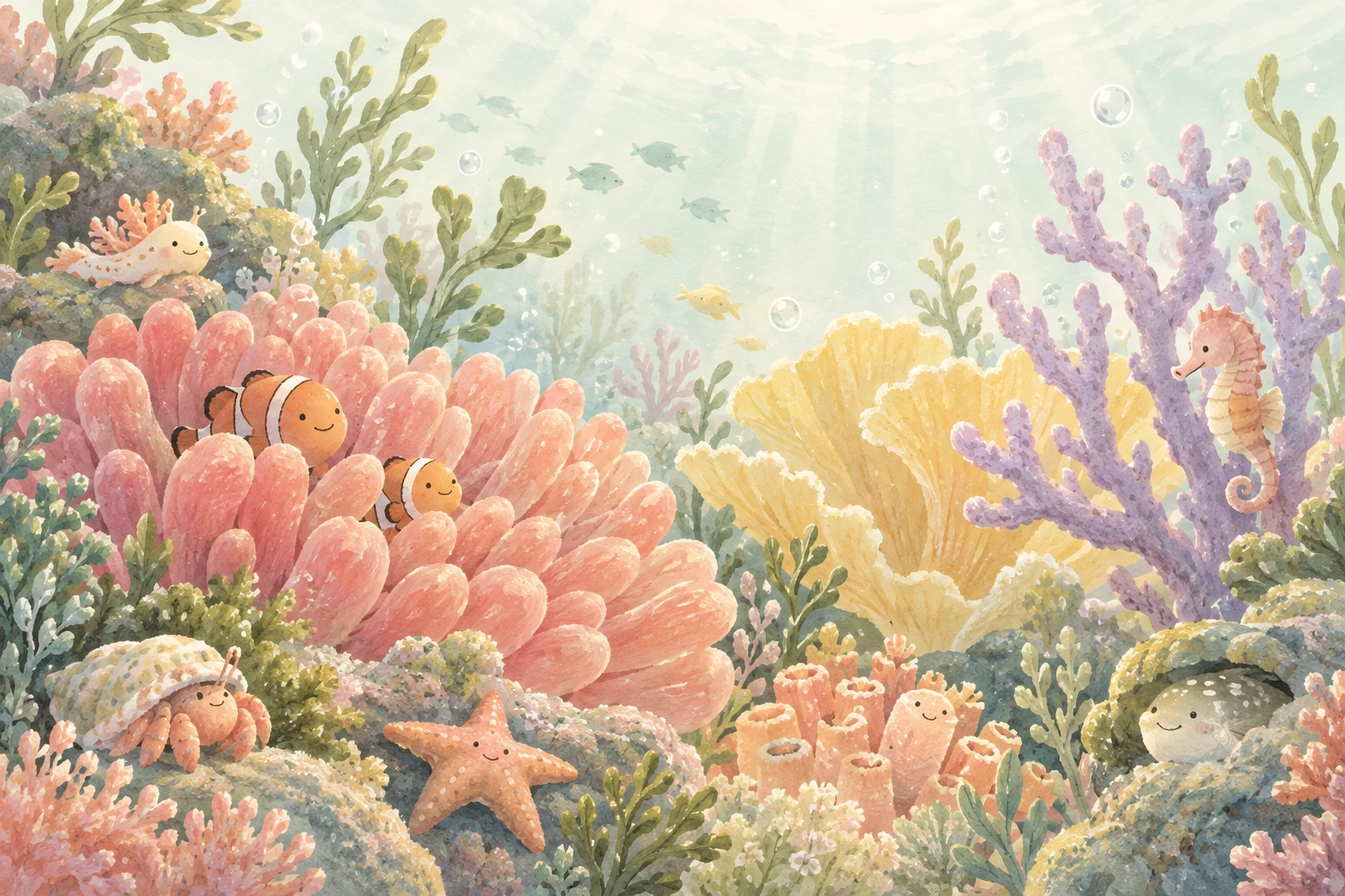 A softly painted coral reef filled with cheerful little sea creatures